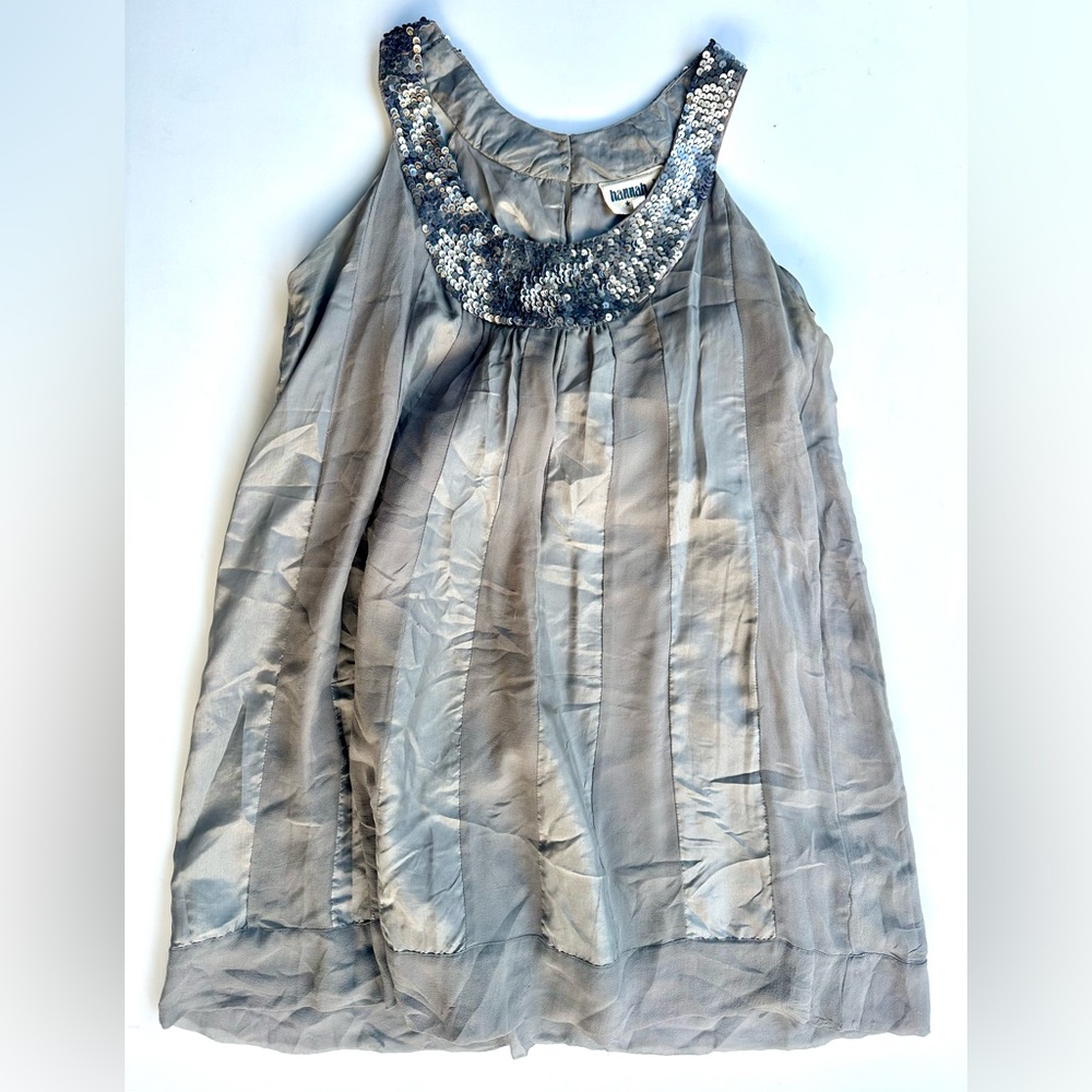 Hannah Jo 100% Silk Satin & Georgette Silver Sequined Neckline Babydoll Dress, M